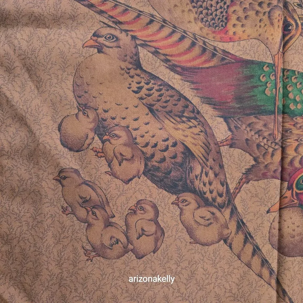 Large Silk Scarf Tan With Game Birds Made in Italy